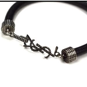 NWT $290 Saint Laurent Black Leather Silver YSL Opyum Logo Bracelet L AUTHENTIC